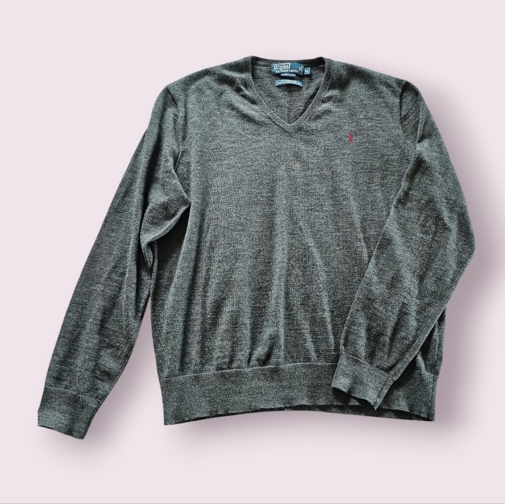 Polo Raloh Lauren Merino Wool Embroidered Logo Gray V-Neck Sweater Sz XL
